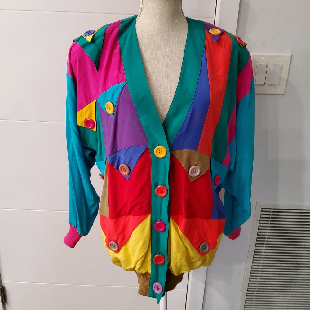 Bonnie Boerer Vintage Silk Colorblock Geometric Button-Up Cardigan Size S